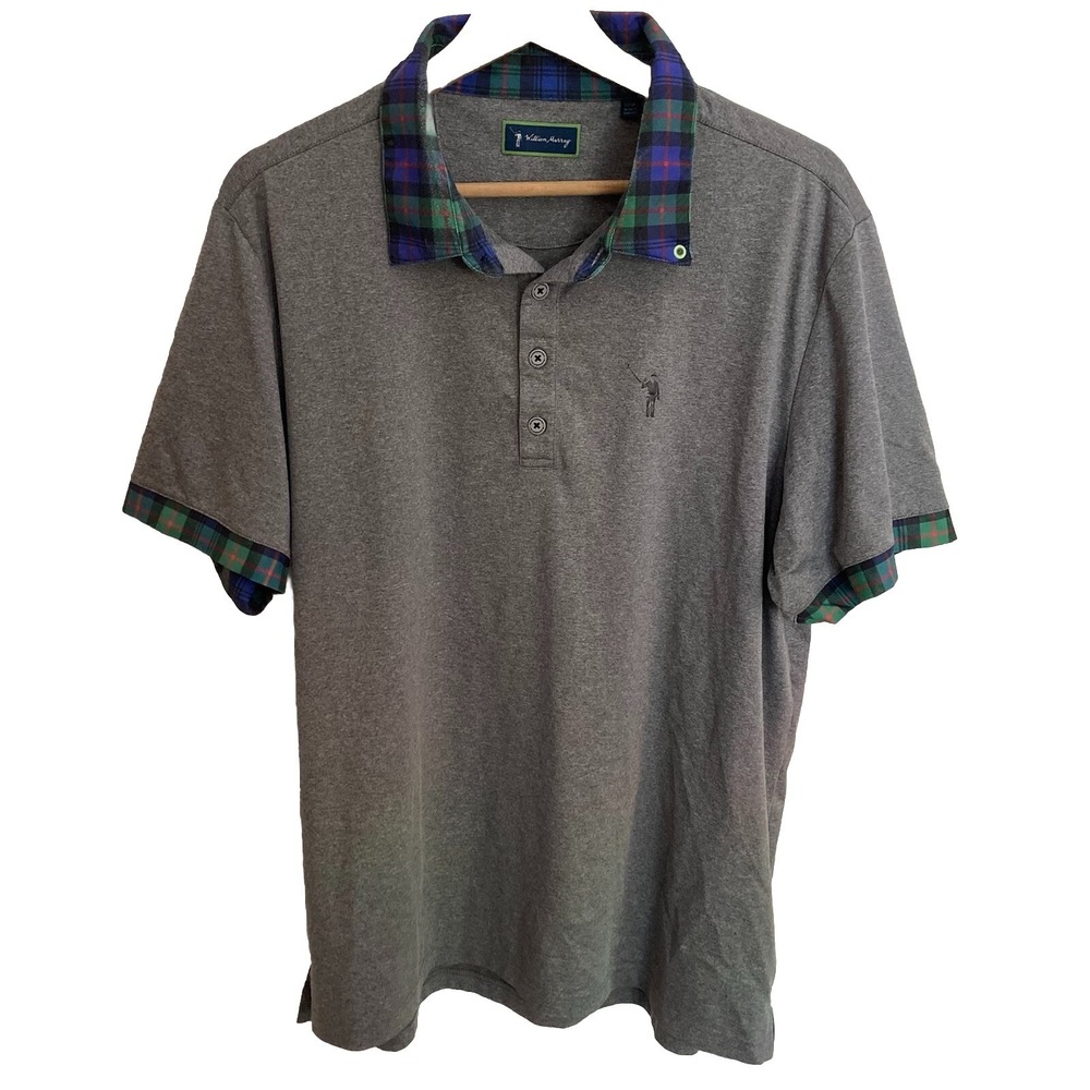 William Murray Performance Stretch Golf Polo Shirt Mens Large Gray Plaid Collar